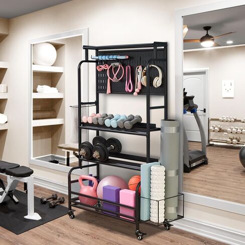 Lauren&Harold Large Dumbbell Rack Weight Rack, Home Gym Storage Rack for Dumbbells Kettlebells Yoga Mat, Weight Rack Stand for Dumbbells, All in One Workout Equipment Storage with Wheels and Hooks in Kuwait