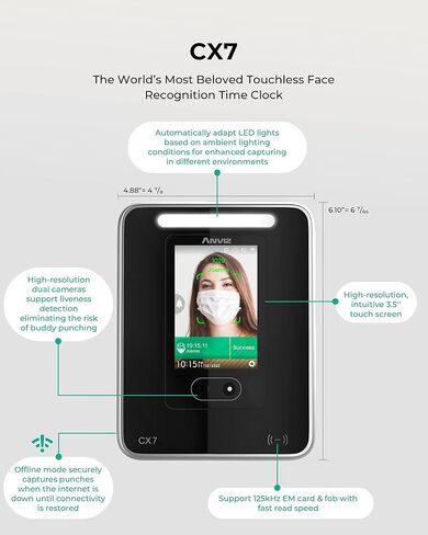 ANVIZ Time Clocks for Employees Small Business - CX7 Biometric Clock in and Out Machine - Face + RFID + Pin Punching in one, Support Door Access, with Professional Cloud Software (0 Monthly Fee) in Kuwait