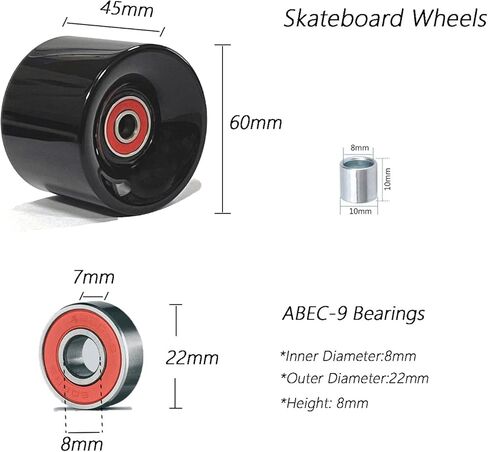 عجلات لوح تزلج 60 مم 80 أمبير مع محامل وفواصل ABEC-9، أداة لوح التزلج، وسادات رفع لوح التزلج، مسامير براغي لأجهزة لوح التزلج، مناسبة لألواح التزلج على الجليد، لوح بيني - أسود in Kuwait