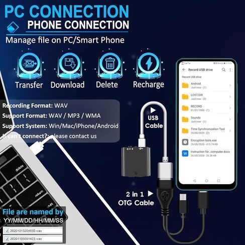 One Button 64GB(800 Hours) Voice Recorder, Digital Voice Recorder with 24 Hours Continuous Recording, Voice Activated Recorder for Lectures Meetings, Compatible with Phone Computer in Kuwait
