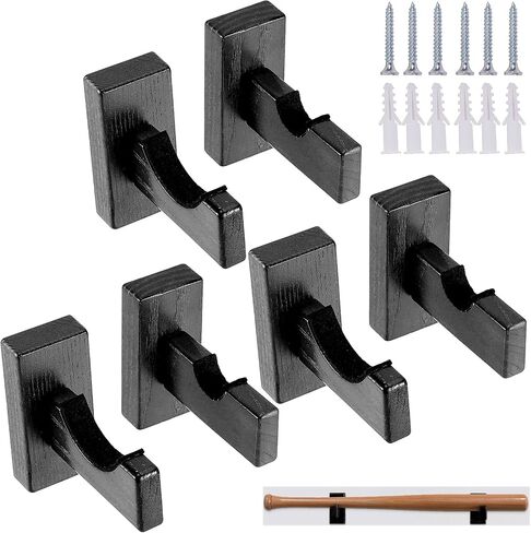 6 PCS Baseball Bat Display Case Holder, Solid Wood Rack Brackets Baseball Bat Hanger Wall Mount with 9 Protective Plugs and 9 Hidden Screws for Horizontal Display, Black in Saudi Arabia