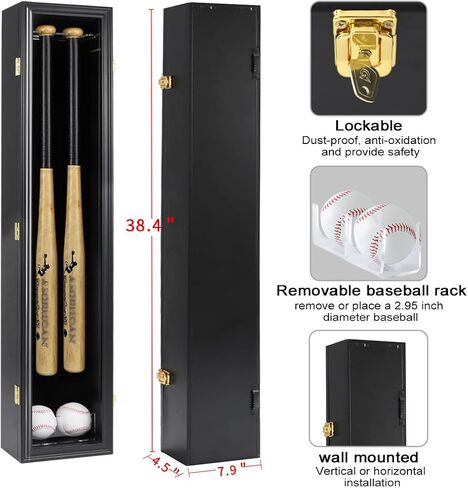 HOROW 2 Baseball Bat Display Case Wooden Frame with Acrylic Transparent Door Holder Rack Cabinet Wall Mounted Shadow Box Vertical or Horizontal, w/98% UV Protection-Lock in Saudi Arabia
