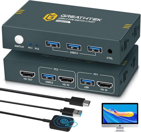 USB3.0 HDMI KVM Switch 2 Computers 1 Monitor,4K@60HZ 2 Port Monitor Switcher Sharing Keyboard&Mouse,with EDID in Saudi Arabia