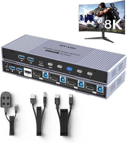 MT-VIKI 8K 60 هرتز USB 3.0 HDMI KVM Switch 4 Port، الألومنيوم KVM Switch HDMI 2.1 8K 60 هرتز 4K 120 هرتز 4K 144 هرتز HDR للألعاب in Kuwait