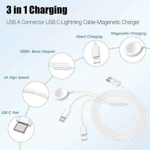 شاحن ساعة Apple USB C، 3 في 1 iPhone وشاحن ساعة كابل شاحن iWatch السريع المغناطيسي 6FT مع شاحن جداري مزدوج المنفذ 38W، متوافق مع Apple Watch SE/8/7/6/5/4 وiPhone 14/13/12/ 11 in Kuwait
