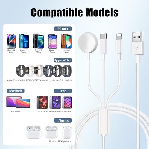 شاحن ساعة Apple USB C، 3 في 1 iPhone وشاحن ساعة كابل شاحن iWatch السريع المغناطيسي 6FT مع شاحن جداري مزدوج المنفذ 38W، متوافق مع Apple Watch SE/8/7/6/5/4 وiPhone 14/13/12/ 11 in Kuwait