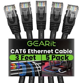 GearIT RJ45 Cat 6 Ethernet Patch Cable (5-Pack) for TV, Modem, PC Gaming, 10Gbps, Gold-Plated Connectors, Snagless, Network Cable, Internet Cable, 3 Feet, White
