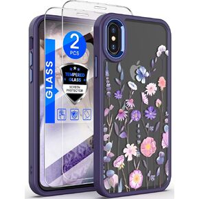 Dretal for iPhone X Case, iPhone Xs Case, [Military Grade Drop Tested] Hard Back & Soft Edge Slim Flower Women Girls Phone Protective Cover with 2 PCS Tempered Glass Screen Protector (Purple)