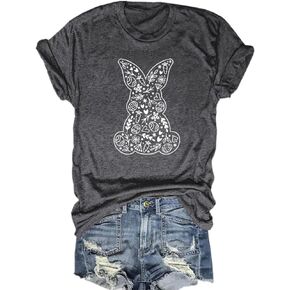 Easter Day Shirts Womens Bunny Eggs Plaid Leopard Printed T-Shirt Short Sleeve Graphic Tees Tops