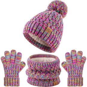 Kids Pompom Winter Beanie Hat Scart Gloves Set,Boys Girls Knitted Fleece Lined Woollen Hat for Children's Toddler 3-9 Years