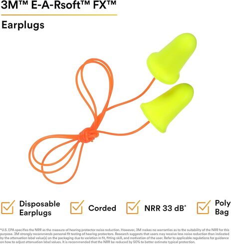 3M Ear Plugs, 200 Pairs/Box, E-A-Rsoft FX 312-1261, Uncorded, Disposable, Foam, NRR 33, Drilling, Grinding, Machining, Sawing, Sanding, Welding, 1 Pair/Poly Bag in Saudi Arabia