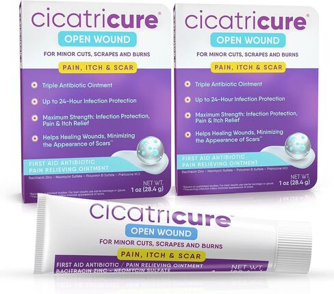 Cicatricure العناية بالجروح المفتوحة، الإسعافات الأولية لتخفيف آلام مرهم المضادات الحيوية، تخفيف فعال للجروح الطفيفة والخدوش والحروق والحكة والندبات، مرهم مضاد حيوي ثلاثي مع الباسيتراسين، 1 أونصة، حزمة من 1 in Kuwait