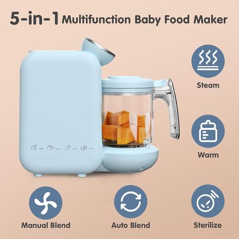 Awesmom Baby Food Maker, 5 in 1 Baby Food Processor, Smart Control Multifunctional Steamer Grinder with Food Pouches, Puree Blender, Auto Cooking & Grinding, Baby Food Warmer Mills Machine, Blue in Saudi Arabia