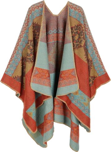 Women's Travel Plaid Shawl Wraps Open Front Poncho Cape Warm Oversized Sweaters Casual Cardigan Shawls for Fall Winter,Series 02-Navy blue in Kuwait