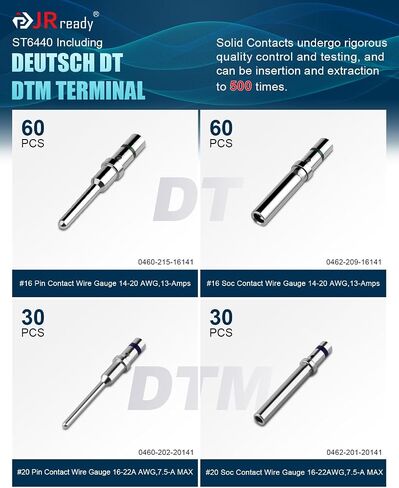 JRready Gold Plated Deutsch Solid Connector Terminals Kit,ST6356-20-040 DTM Turned Contacts Size 20,Male Pins 0460-202-2031/Female Sockets 0462-201-2031 Solid Contacts Wire Gauge 20-22 AWG, 40 Pairs in Kuwait