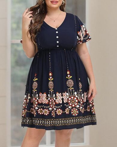 Pinup أزياء المرأة حجم كبير بوهو زر الجبهة فساتين مكشكشة قصيرة الأكمام طول الركبة الصيف السببية فستان محكم من عند الصدر ويتدلى بشكل واسع in Saudi Arabia