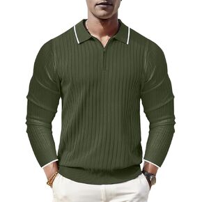ThusFar Men's Zipper Polo Shirt Casual Knit Long Sleeve Ribbed Polo T Shirt Classic Fit Golf Shirts Activewear Polos