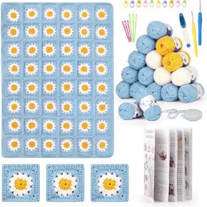 Katech Blanket Crochet Kit for Beginners, Granny Square Crochet Blanket Kit for Adults Learn How to Crochet Daisy Granny Squares Blanket, w/Step-by-Step Tutorials Crochet Starter Kit Pink