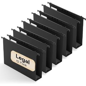 Plastic Legal Size Hanging File Folders Extra Capacity,12 Pack Reinforced Hanging Folders,1/5 Cut Adjustable Tabs,Heavy Duty 2 Inch Expansion,Filing Cabinet Folders for Bulky Files (Black)