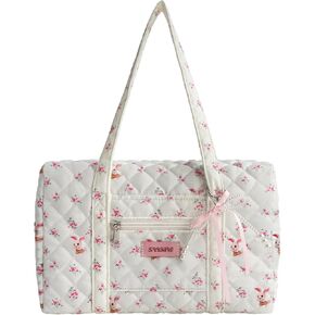 Floral Travel Duffel Bag for Women Coquette Aesthetics Quilted Puffer Bag Girls Cute Shoulder Purse Carry on Bag for Travel (White)