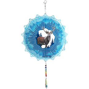 Deer Wind Spinners Outdoor Décor with Tail, Artorama Blue Hanging Wind Spinner Crystal Suncatcher Garden Décor 3D Stainless Steel Garden Spinner, 10 inch Yard Decorations Outdoor Metal Art Patio Decor