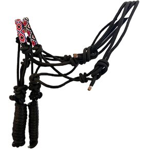Sie Nylon Horse Braided Rope Halter Beaded Noseband Lead Rope (Black & Silver)
