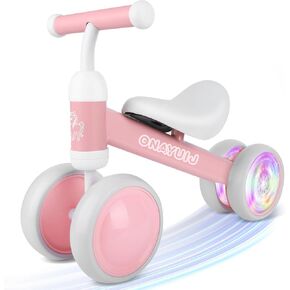 Colorful Lighting Baby Balance Bike for 1 Year Old Girl Gifts, 12-24months Kids Toys Toddler 1st Birthday Gifts,No Pedal Infant 4 Wheels Bicycle，Pink