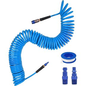 WNCGC 25ft Polyurethane Recoil Air Hose 1/4" Inner Diameter Heavy Duty Air Compressor Hose with Bend Restrictor and 1/4" Industrial Universal Quick Coupler and I/M/T/A Plug, Yellow
