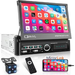 Blueooth Car Stereo Single Din Radio, 7 Inch Restractable Touch Screen Car Audio Receiver with Mirror Link, FM, EQ, SWC, USB/TF/AUX Input, Remote Control, Backup Camera