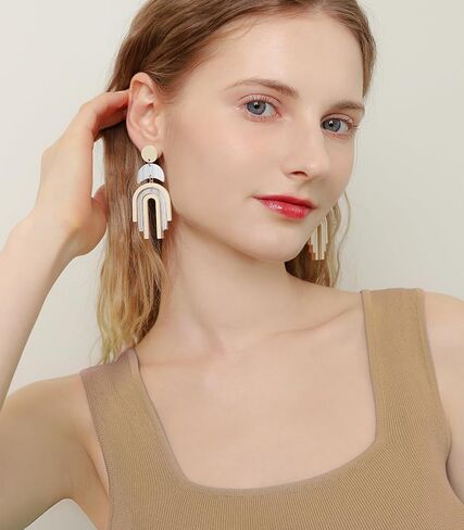Ozel - Natural Wooden Acrylic Boho Drop Dangle Earrings for Women - Geometric Statement Jewellery - Brown, Black, Magent Red, Olive Green, White beige in Kuwait