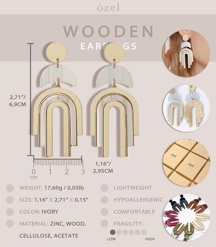 Ozel - Natural Wooden Acrylic Boho Drop Dangle Earrings for Women - Geometric Statement Jewellery - Brown, Black, Magent Red, Olive Green, White beige in Kuwait