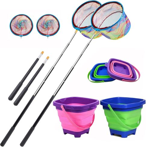 2PCS Fishing Net with Bucket, Telescopic Fishing Landing Net with Handle for Kids, Collapsible Kids Sand Bucket, Kids Fishing Net Butterfly Net for Freshwater Saltwater Outdoor Playing in Saudi Arabia