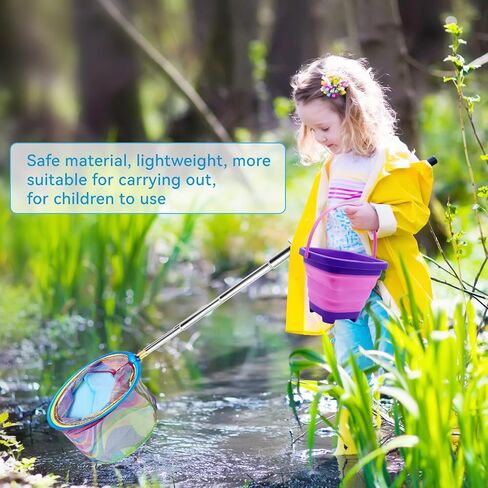 2PCS Fishing Net with Bucket, Telescopic Fishing Landing Net with Handle for Kids, Collapsible Kids Sand Bucket, Kids Fishing Net Butterfly Net for Freshwater Saltwater Outdoor Playing in Saudi Arabia