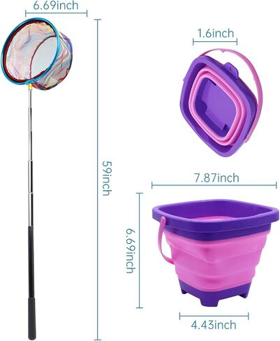 2PCS Fishing Net with Bucket, Telescopic Fishing Landing Net with Handle for Kids, Collapsible Kids Sand Bucket, Kids Fishing Net Butterfly Net for Freshwater Saltwater Outdoor Playing in Saudi Arabia