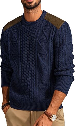 PJ PAUL JONES Men's Military Pullover Sweater Crewneck Vintage Cable Knit Sweater with Suede Patchwork in Saudi Arabia