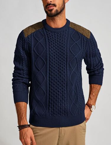 PJ PAUL JONES Men's Military Pullover Sweater Crewneck Vintage Cable Knit Sweater with Suede Patchwork in Saudi Arabia