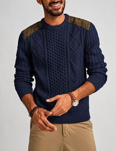 PJ PAUL JONES Men's Military Pullover Sweater Crewneck Vintage Cable Knit Sweater with Suede Patchwork in Saudi Arabia