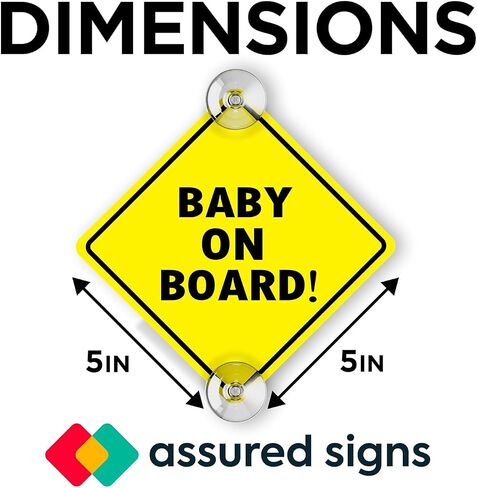 ASSURED SIGNS Baby On Board Sign With Suction Cups - 2 Pack, 5" by 5" - Essential Safety Signs for Cars - Bright Yellow, Durable and Strong Suction in Saudi Arabia
