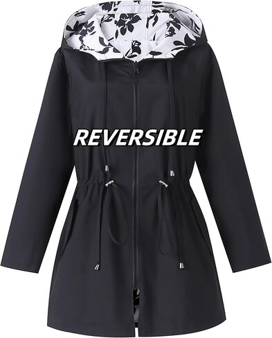 سترة المطر النسائية من AOVDE مقاس كبير معطف واق من المطر ذو وجهين خفيف الوزن وسترات مقاومة للماء مع غطاء للرأس للنساء in Kuwait