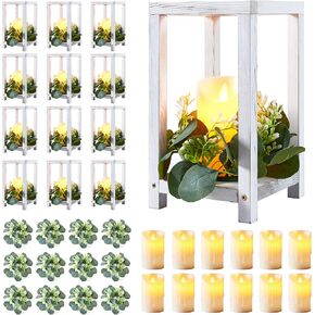 12 مجموعة 36 قطعة من فانوس الزفاف الخشبي، تتضمن 12 حامل شموع خشبية و12 شمعة LED و12 إكليل من أوراق الأوكالبتوس لتزيين طاولة الزفاف الريفية، هدية زفاف في الحظيرة الريفية in Kuwait