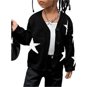 MakeMeChic Girl's Star Pattern Long Sleeve V Neck Button Down Cardigan Sweater Knitted Outwear