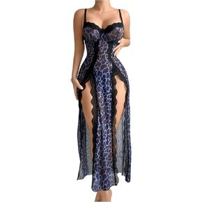 SHENHE Women's Leopard Lingerie Lace Babydoll Chemise High Slit Mesh Slip Nightgown and Thong