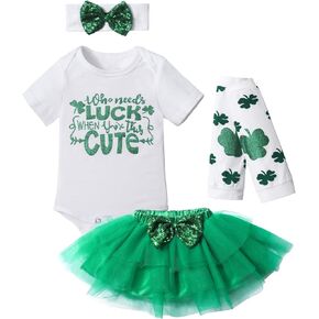 Von kilizo St Patricks Day Baby Girl Outfit Lucky Short Sleeves Romper Tutu Dress With Socks Baby Girl St Patricks Day Outfit