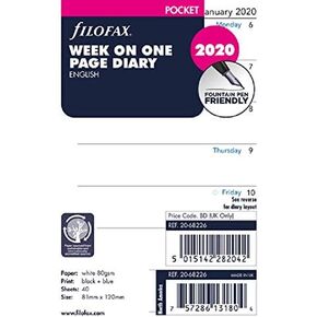 Filofax Calendar Diary Refill, Pocket Size, Week on One Page, White Paper, Unruled, English, 2024 (C68226-24)