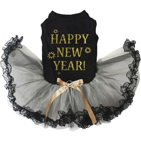 Petitebella Happy New Year Puppy Dog Dress (Black/Gold, Medium)