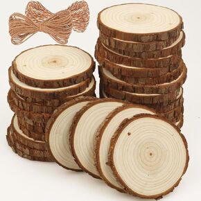 Natural Wood Slices 30 Pcs 3.5-4 Inches Craft Unfinished Wood Kit Predrilled Wooden Rounds with Bark, Wood Circles with Hole, Wood Slices for Crafts Ideal for DIY Projects, Christmas Ornaments