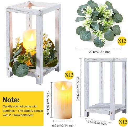 12 مجموعة 36 قطعة من فانوس الزفاف الخشبي، تتضمن 12 حامل شموع خشبية و12 شمعة LED و12 إكليل من أوراق الأوكالبتوس لتزيين طاولة الزفاف الريفية، هدية زفاف في الحظيرة الريفية in Kuwait