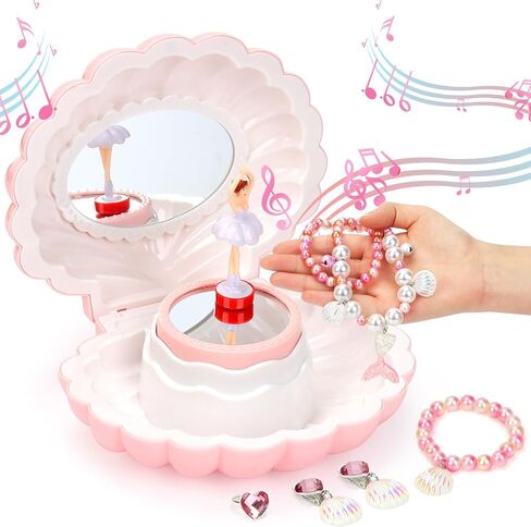 Hebaogugu Music Box with Jewellery Set, Ballerina Jewelry Box for Girls, Daughters, Nieces, Musical Jewellery Box with LED Mirror for Birthday, Christmas, Children's Day, Kids Storage Box for Gift in Saudi Arabia