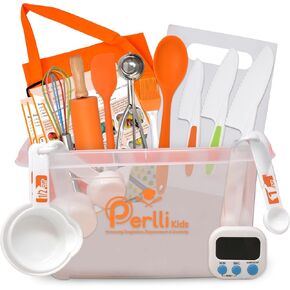 PERLLI Kids Cooking and Baking Supplies Gift Set with Storage Container - Complete Junior Chef Cooking Set, Girls & Boys Childrens Real Bakeware Equipment, Utensils & Accessories for Kids - Orange