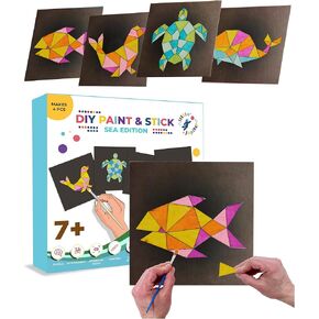 Paint & Stick (Sea) - Makes 4pcs - Mosaic Art - Wood Painting Crafts for Kids - Arts and Crafts for Ages 7-12 Yrs - DIY Kids Crafts Kits - Paint by Numbers Kit for Kids - Mosaic Crafts for Kids